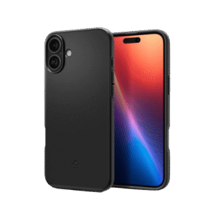 Spigen thin fit black case beside iPhone 16
