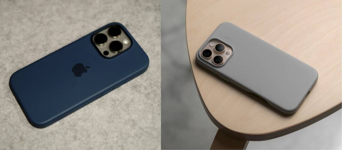 Two iPhone 16 Pro Max cases side by side, one on the floor and the other on the table