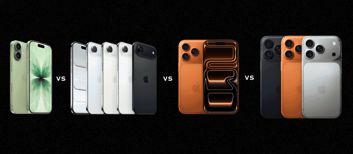 image of iPhone 17 vs 17 Pro vs 17 Pro Max vs 17 Air side by side in a black background