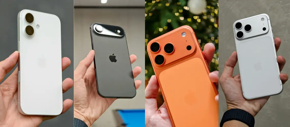 side-by-side picture of iPhone 17,17 Air,17 Pro, and 17 Pro Max